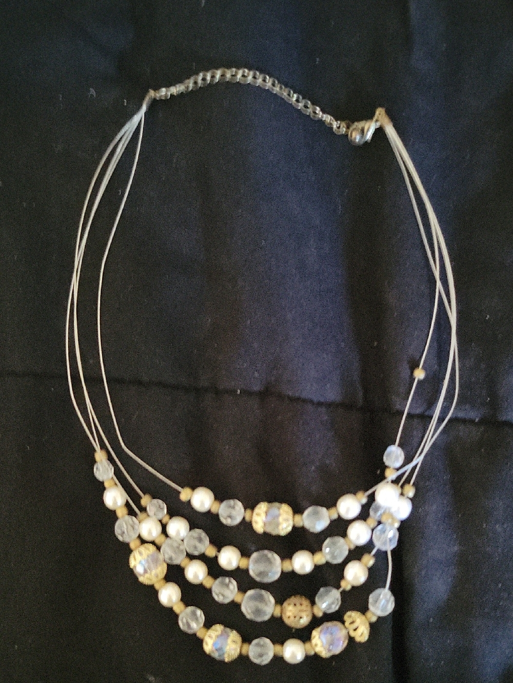 Elegant Pearl & Crystal Multi-Strand Necklace - White & Gold